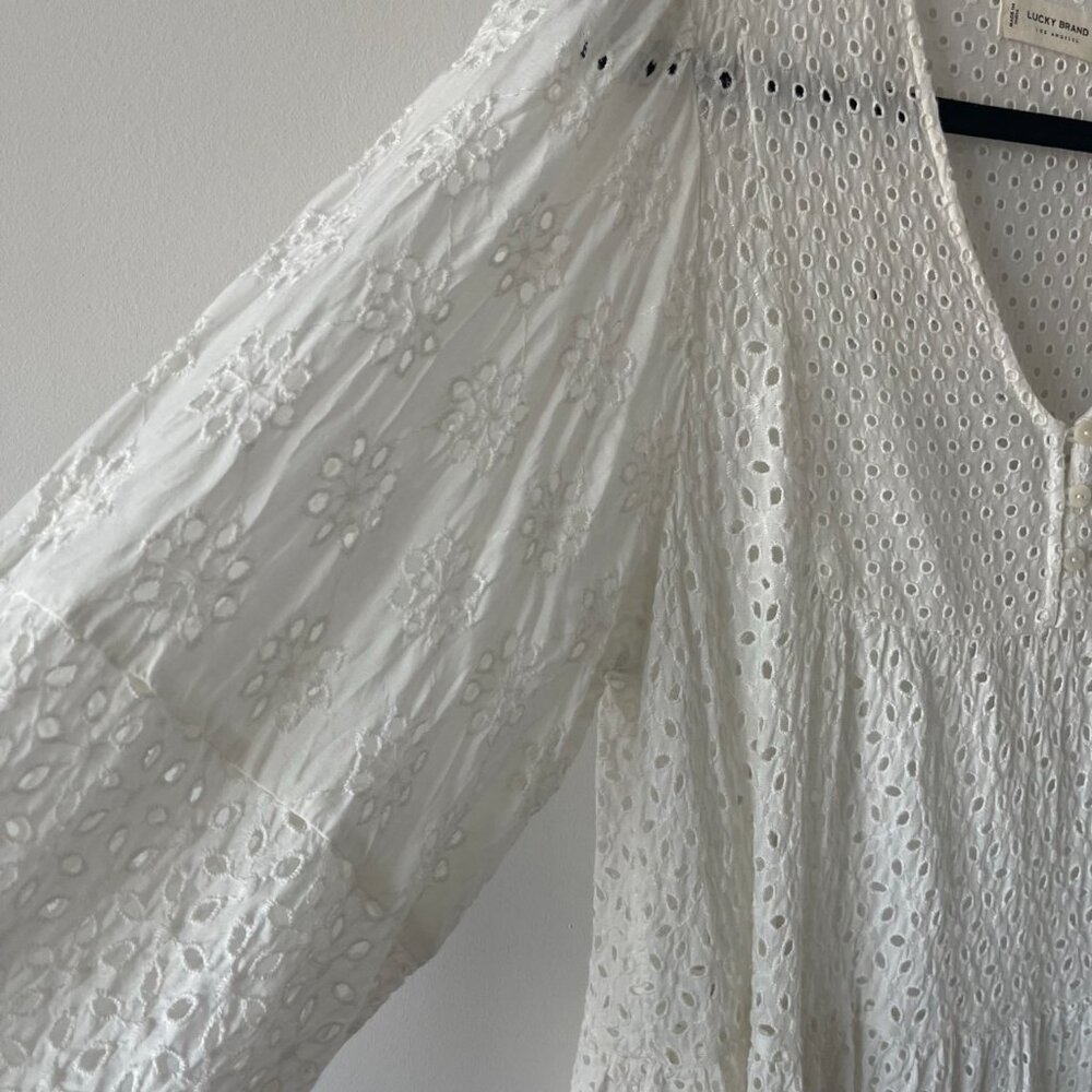 White Tiered Woven Peasant Long-Sleeve Dress - Picture 5 of 11